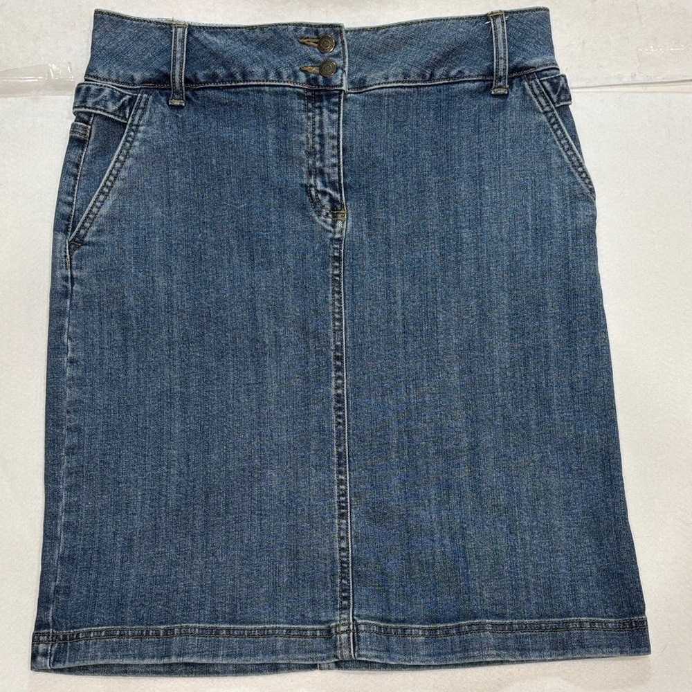 Land’s End denim mini skirt sz 8 zip fly pockets stretch spring vacation boho